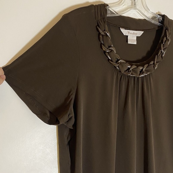TanJay Top Womens Medium Brown Braided Chain Collar Short Sleeve Stretch Fun M - Picture 4 of 12